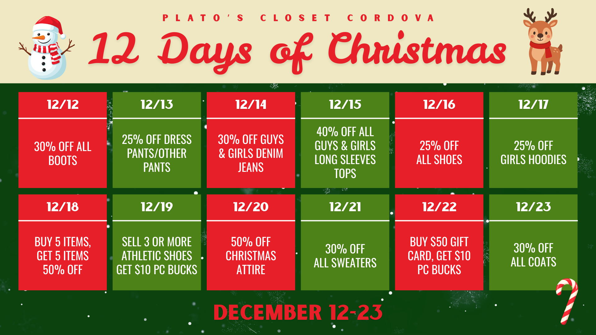 Plato’s Closet Cordova, TN 12 Days of Christmas event from December 12 to 23 featuring daily deals on boots, denim, sweaters, shoes, coats, and winter essentials for teens and young adults. Gently used, on-trend clothing and accessories at up to 70% off retail.